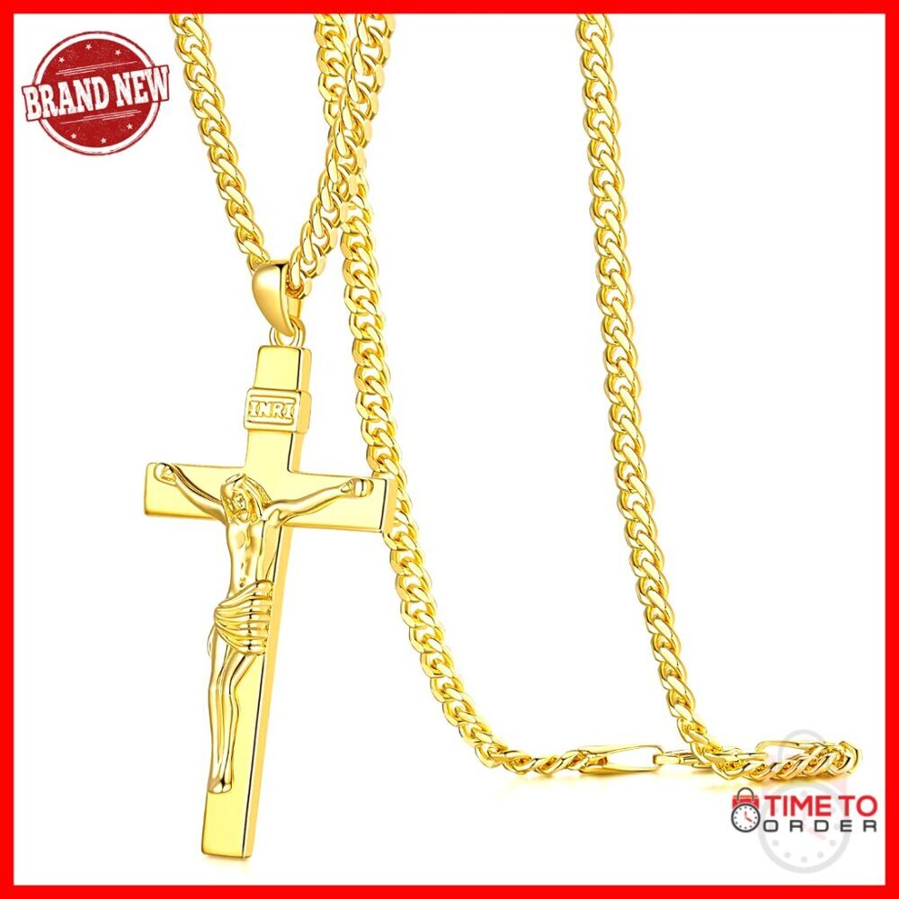 14K Gold Plated Cross Necklace for Men, Cuban Chain, 24 Inch Length